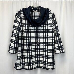 Multiples Womens Navy White Plaid Long Sleeve Cowl Neck Top Size Medium Petite